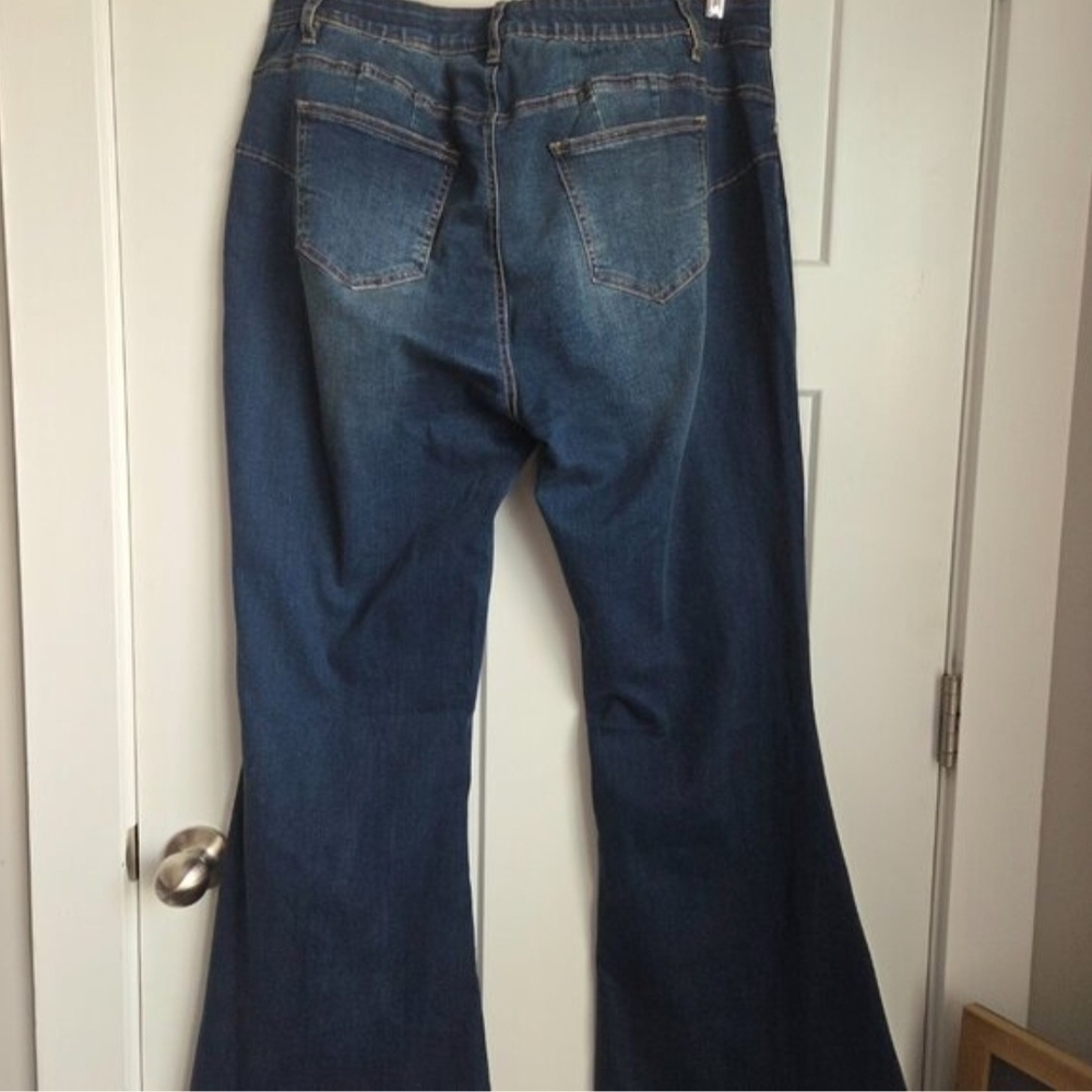 Areology Dark Blue Button-Fly Flare Jeans Raw Hem - Picture 3 of 6